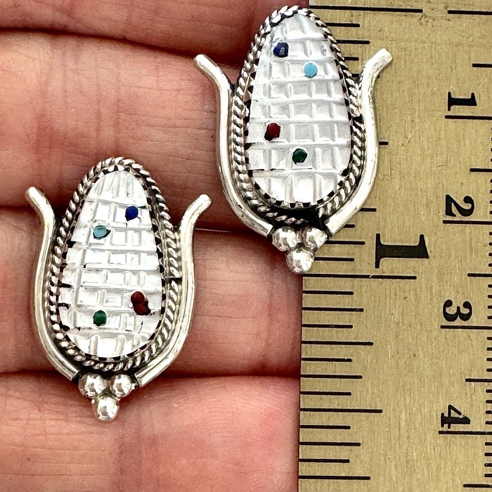 Zuni Ear Corn Stud Earrings MED Carved MOP Turquoise Sterling Signed Post White